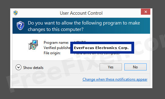 Screenshot where EverFocus Electronics Corp.  appears as the verified publisher in the UAC dialog